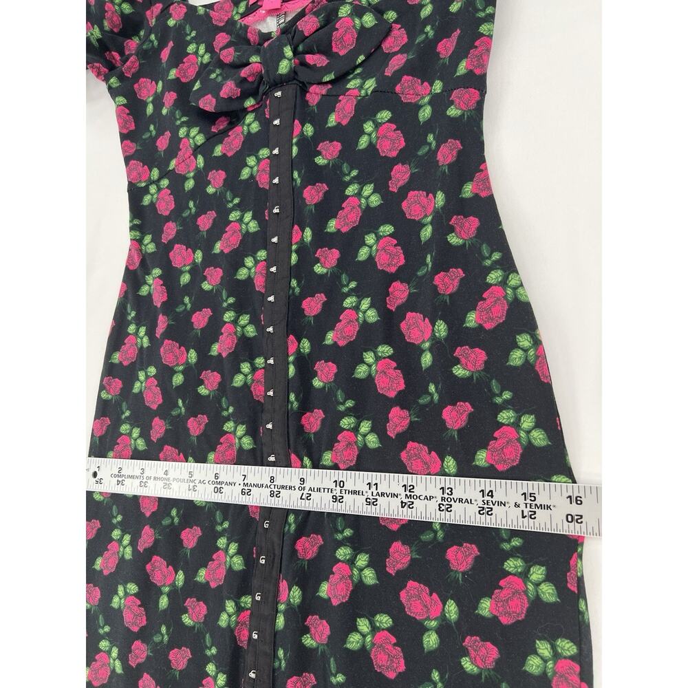Betsy Johnson Rose Print Bodycon Dress Small Black Pink Floral Puff Sleeve Midi - Picture 11 of 13
